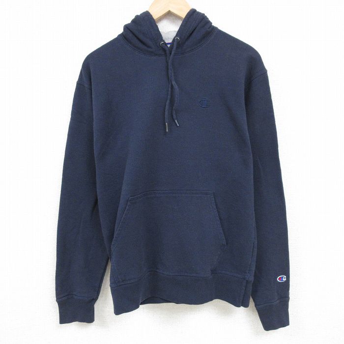 L★古着 チャンピオン Champion 長袖 スウェット パーカー メンズ ワンポイントロゴ 紺 ネイビー 24nov22 中古 スエット トレーナー トップス