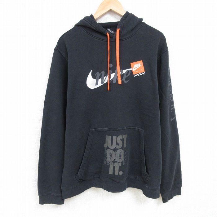 XL★古着 ナイキ NIKE 長袖 スウェット パーカー メンズ ビッグロゴ JUST DO IT 大きいサイズ 黒 ブラック 24nov25 中古 スエット トレーナー トップス