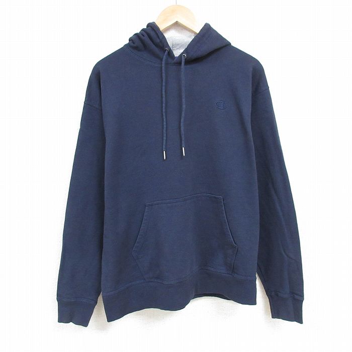 XL★古着 チャンピオン Champion 長袖 スウェット パーカー メンズ 00年代 00s ワンポイントロゴ 大きいサイズ 紺 ネイビー 24nov25 中古 スエット トレーナー トップス