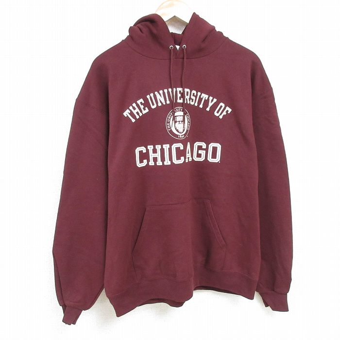XL★古着 チャンピオン Champion 長袖 スウェット パーカー メンズ シカゴ カレッジ 大きいサイズ エンジ 24nov25 中古 スエット トレーナー トップス