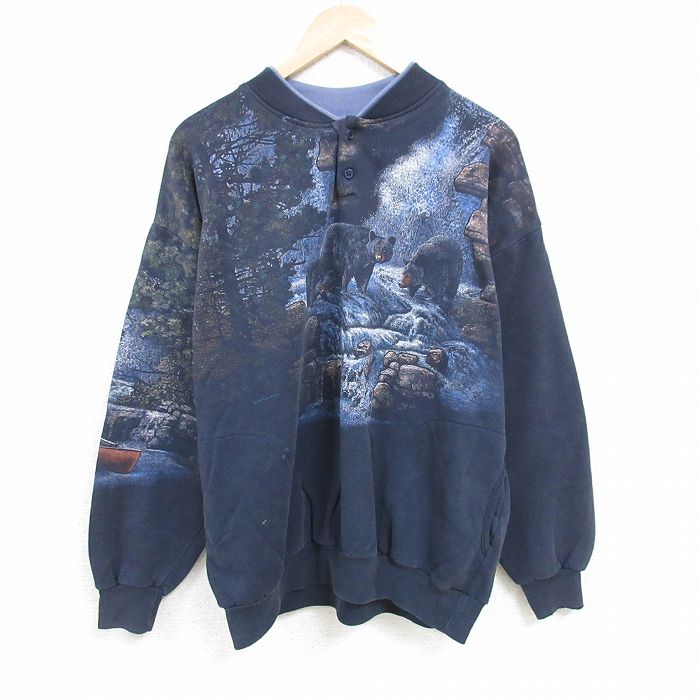 XL★古着 長袖 スウェット メンズ 90年代 90s クマ 大きいサイズ ヘンリーネック USA製 紺 ネイビー 【spe】 24nov25 中古 スエット トレーナー トップス