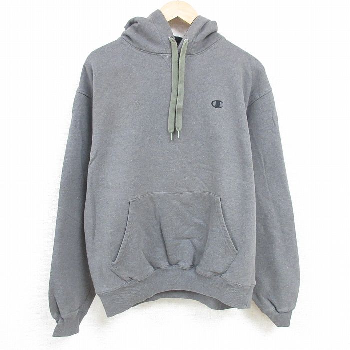 L★古着 チャンピオン Champion 長袖 スウェット パーカー メンズ ワンポイントロゴ グレー 霜降り 24nov25 中古 スエット トレーナー トップス