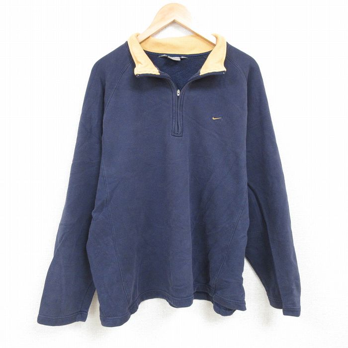 XL★古着 ナイキ NIKE 長袖 ハーフジップ スウェット メンズ 00年代 00s ワンポイントロゴ 大きいサイズ ラグラン 紺 ネイビー 24nov26 中古 スエット トレーナー トップス