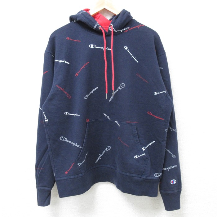 L★古着 チャンピオン Champion 長袖 スウェット パーカー メンズ ワンポイントロゴ 総柄 紺 ネイビー 24nov27 中古 スエット トレーナー トップス