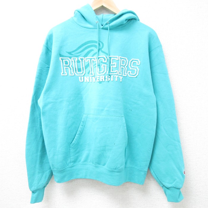 M★古着 チャンピオン Champion 長袖 スウェット パーカー メンズ RUTGERS 大学 青緑 24nov27 中古 スエット トレーナー トップス