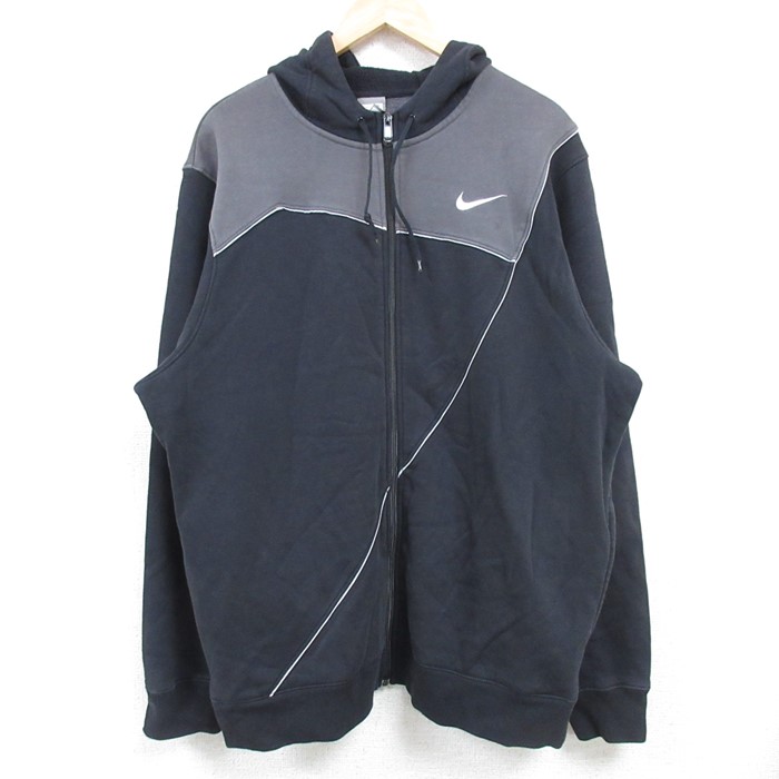 XL★古着 ナイキ NIKE 長袖 フルジップ スウェット パーカー メンズ ワンポイントロゴ ツートンカラー 黒他 ブラック 24nov27 中古 スエット トレーナー トップス