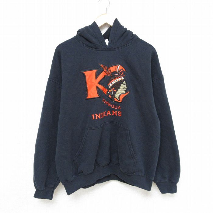 XL★古着 長袖 スウェット パーカー メンズ 00年代 00s インディアンス 刺繍 黒 ブラック 24nov28 中古 スエット トレーナー トップス