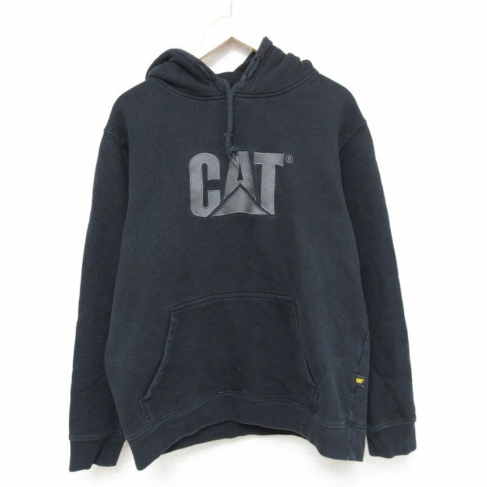 L★古着 長袖 スウェット パーカー メンズ CAT 刺繍 黒 ブラック 24nov28 中古 スエット トレーナー トップス