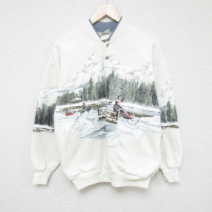 【50%OFF】M★古着 長袖 スウェット メンズ 00年代 00s 木 山 クルーネック 白 ホワイト 24nov28 中古 スエット トレーナー トップス