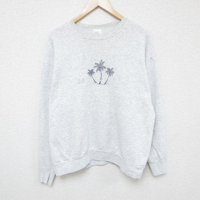 L★古着 長袖 スウェット メンズ 00年代 00s 木 ハワイ 刺繍 クルーネック グレー 霜降り 24nov28 中古 スエット トレーナー トップス