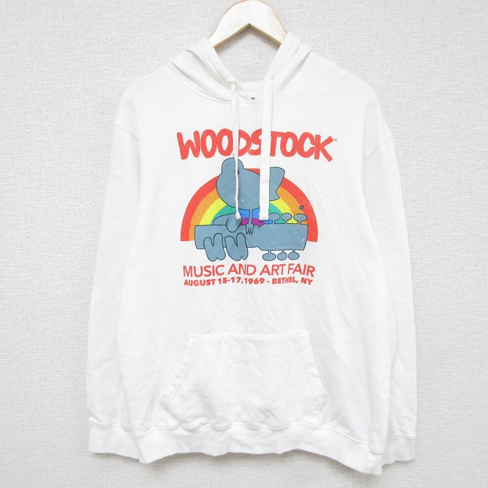 L★古着 長袖 ロック バンド スウェット パーカー メンズ ウッドストック 白 ホワイト 24nov28 中古 スエット トレーナー トップス