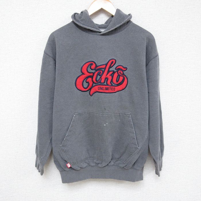 XL★古着 エコーアンリミテッド ECHO 長袖 スウェット パーカー メンズ ビッグロゴ 刺繍 濃グレー 霜降り 24nov28 中古 スエット トレーナー トップス