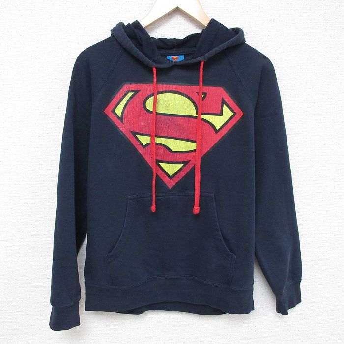 M★古着 長袖 スウェット パーカー メンズ DCコミックス スーパーマン ラグラン クルーネック 濃紺 ネイビー 24nov28 中古 スエット トレーナー トップス