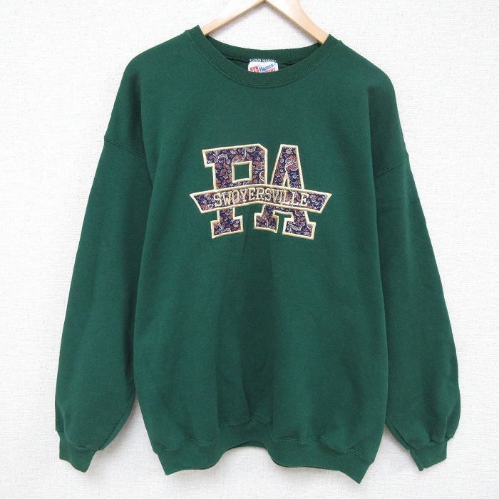 【20%OFF】XL★古着 ヘインズ Hanes 長袖 スウェット メンズ 00年代 00s SWOYERSVILLE 刺繍 クルーネック 濃緑 グリーン 24nov28 中古 スエット トレーナー トップス