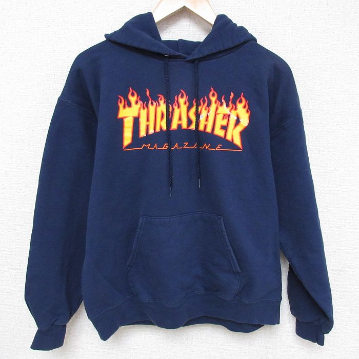 L★古着 スラッシャー THRASHER 長袖 スウェット パーカー メンズ ビッグロゴ 紺 ネイビー 24nov28 中古 スエット トレーナー トップス