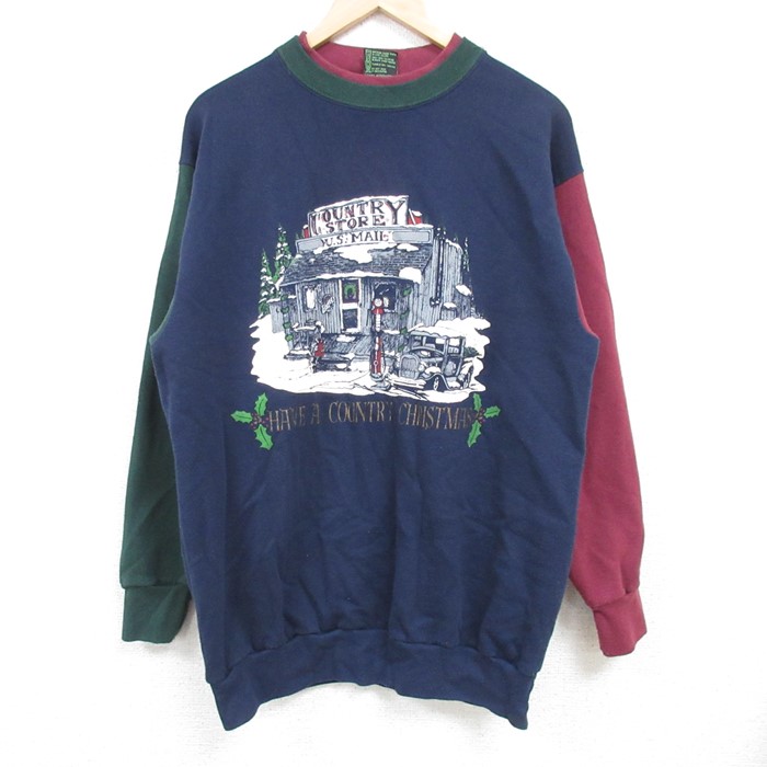 L★古着 長袖 スウェット メンズ 90年代 90s クリスマス マルチカラー クルーネック USA製 紺他 ネイビー 【spe】 24nov29 中古 スエット トレーナー トップス