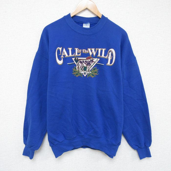XL★古着 長袖 スウェット メンズ 90年代 90s オオカミ クルーネック USA製 青 ブルー 24nov30 中古 スエット トレーナー トップス