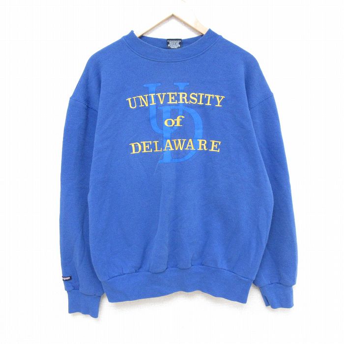 L★古着 ジャンスポーツ 長袖 スウェット メンズ 90年代 90s デラウェア 大学 刺繍 クルーネック USA製 青 ブルー 24dec02 中古 スエット トレーナー トップス
