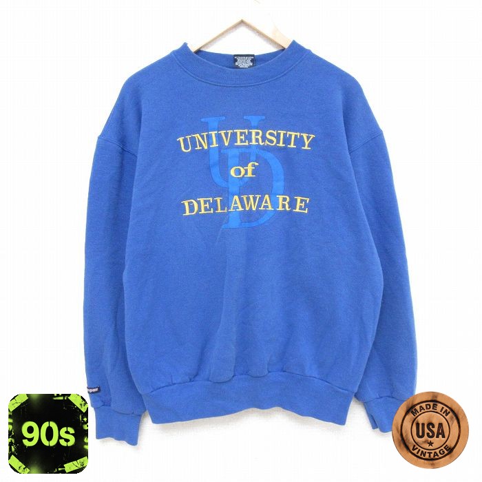 ジャンスポーツ 90s 長袖スウェット デラウェア大学刺繍 ブルー メンズL相当 | 古着