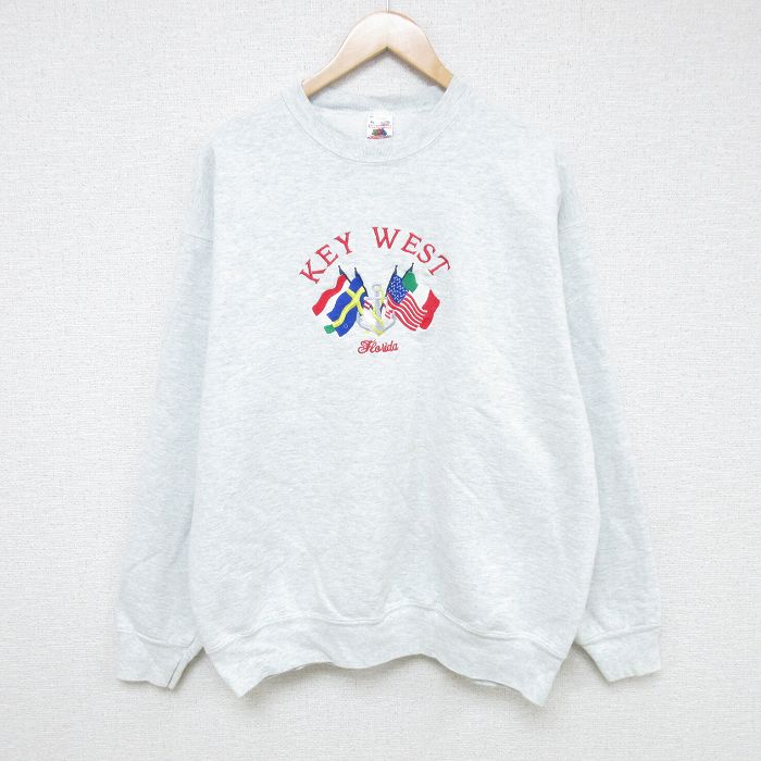 【50%OFF】XL★古着 フルーツオブザルーム 長袖 スウェット メンズ 90年代 90s 国旗 イカリ 刺繍 クルーネック USA製 薄グレー 霜降り 24dec02 中古 スエット トレーナー トップス