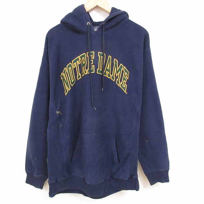 XL★古着 長袖 スウェット パーカー メンズ 00年代 00s ノートルダム 刺繍 大きいサイズ 紺 ネイビー 24dec02 中古 スエット トレーナー トップス