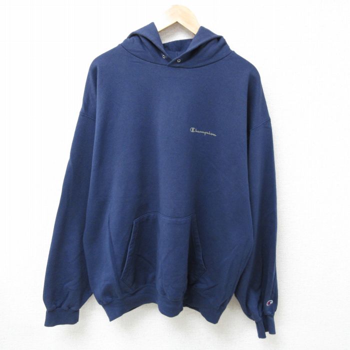 XL★古着 チャンピオン Champion 長袖 スウェット パーカー メンズ 00年代 00s ワンポイントロゴ 大きいサイズ 紺 ネイビー 24dec03 中古 スエット トレーナー トップス