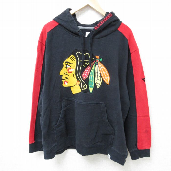 【50%OFF】XL★古着 長袖 スウェット パーカー メンズ NHL シカゴブラックホークス 刺繍 大きいサイズ 黒 ブラック フード内側メッシュ アイスホッケー 24dec03 中古 スエット トレーナー トップス