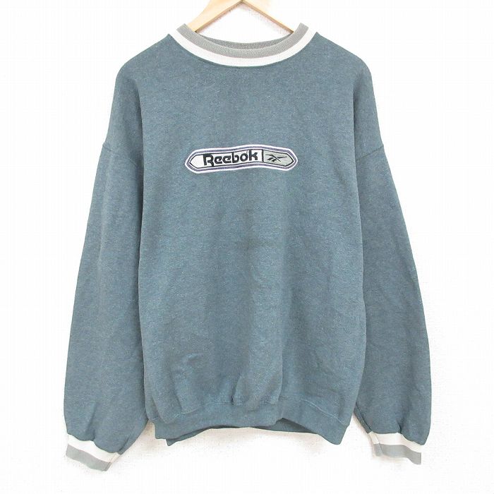 XL★古着 リーボック REEBOK 長袖 スウェット メンズ 90年代 90s ビッグロゴ 刺繍 大きいサイズ クルーネック USA製 緑 グリーン 霜降り 24dec04 中古 スエット トレーナー トップス