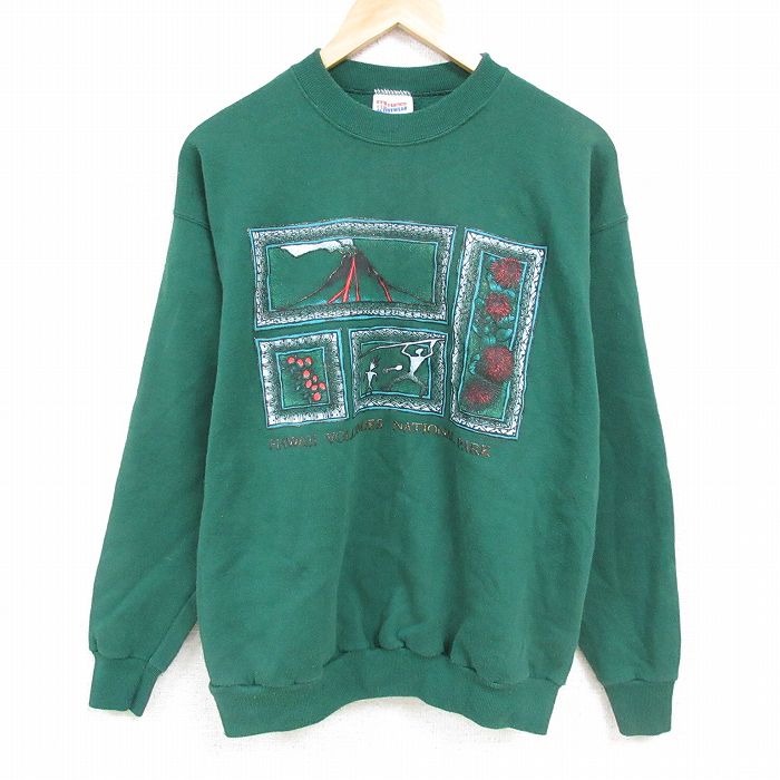 XL★古着 ヘインズ Hanes 長袖 スウェット メンズ 00年代 00s ハワイ火山国立公園 クルーネック 濃緑 グリーン 24dec04 中古 スエット トレーナー トップス