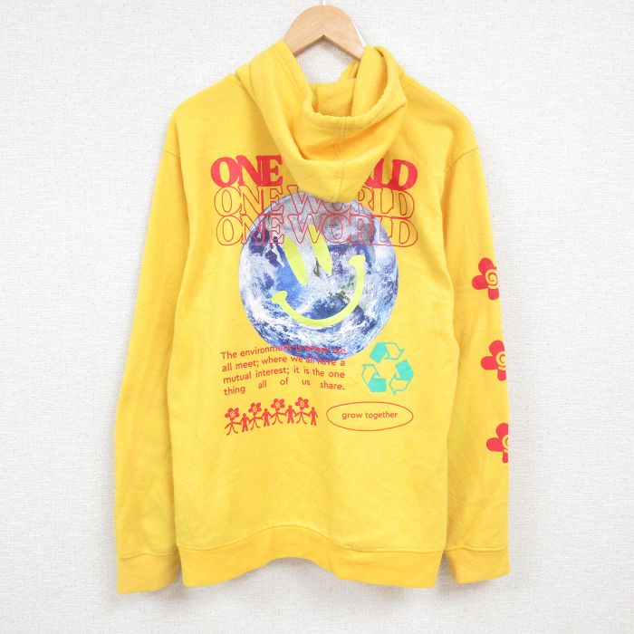 XL★古着 長袖 スウェット パーカー メンズ ワンワールド ポリエステル 黄 イエロー 24dec04 中古 スエット トレーナー トップス