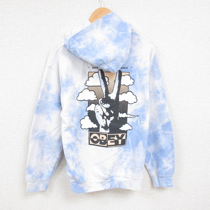 L★古着 オベイ OBEY 長袖 スウェット パーカー メンズ ビッグロゴ 薄紺他 ネイビー タイダイ 24dec04 中古 スエット トレーナー トップス