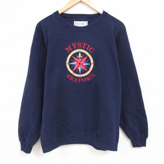 L★古着 長袖 スウェット メンズ 90年代 90s ミスティックシーポート 海洋博物館 刺繍 クルーネック USA製 紺 ネイビー 24dec04 中古 スエット トレーナー トップス