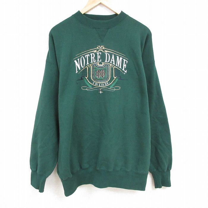 【50%OFF】XL★古着 長袖 スウェット メンズ 90年代 90s ノートルダム 刺繍 大きいサイズ ロング丈 クルーネック 濃緑 グリーン 24dec04 中古 スエット トレーナー トップス