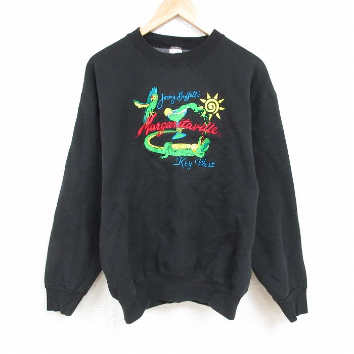 L★古着 フルーツオブザルーム 長袖 スウェット メンズ 90年代 90s マルガリータビル 刺繍 クルーネック USA製 黒 ブラック 24dec04 中古 スエット トレーナー トップス