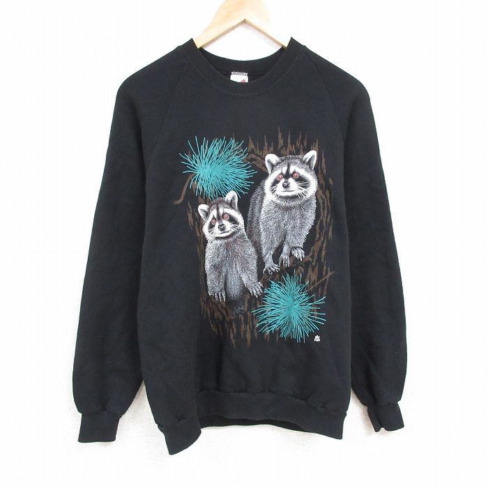 L★古着 ジャージーズ 長袖 スウェット メンズ 90年代 90s アライグマ ラグラン クルーネック USA製 黒 ブラック 24dec04 中古 スエット トレーナー トップス