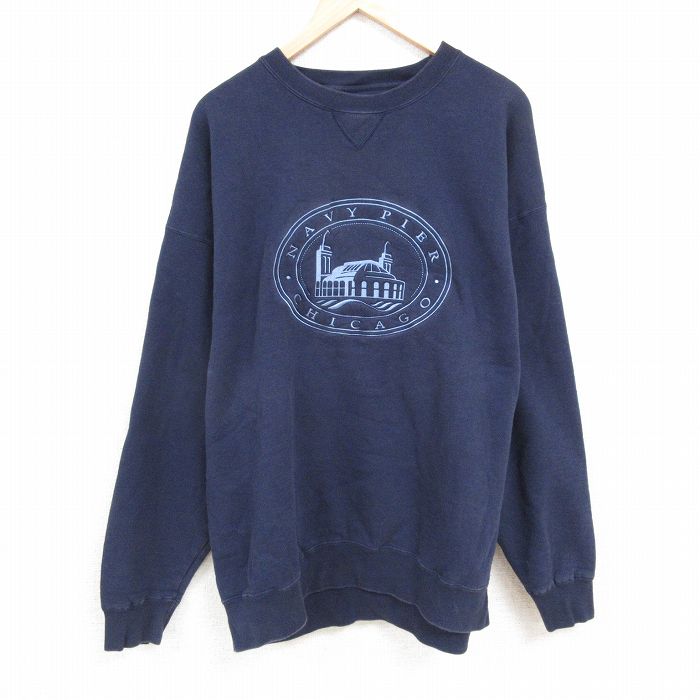 XL★古着 長袖 スウェット メンズ 90年代 90s ネイビーピア 刺繍 大きいサイズ クルーネック 紺 ネイビー 24dec04 中古 スエット トレーナー トップス