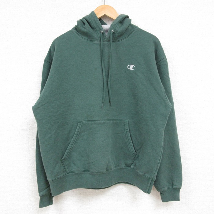 L★古着 チャンピオン Champion 長袖 スウェット パーカー メンズ ワンポイントロゴ 緑 グリーン 24dec05 中古 スエット トレーナー トップス