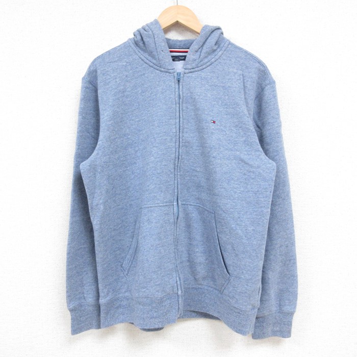 L★古着 トミーヒルフィガー TOMMY HILFIGER 長袖 ブランド フルジップ スウェット パーカー メンズ 00年代 00s ワンポイントロゴ 薄紺 ネイビー 霜降り 24dec05 中古 スエット トレーナー トップス