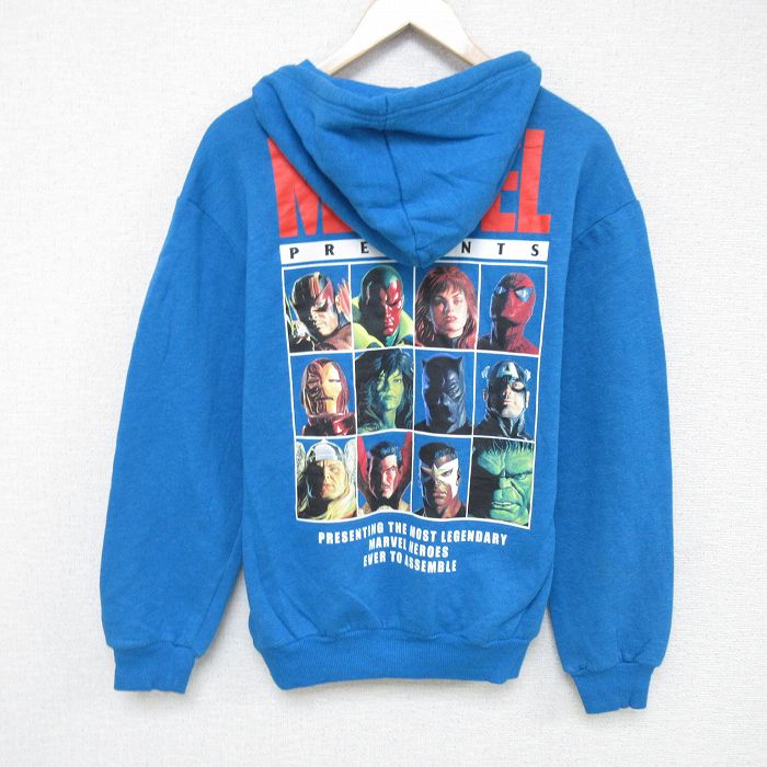 L★古着 長袖 スウェット パーカー メンズ マーベル スパイダーマン アイアンマン 青 ブルー 霜降り 24dec06 中古 スエット トレーナー トップス