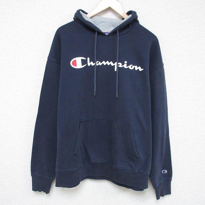 XL★古着 チャンピオン Champion 長袖 スウェット パーカー メンズ ビッグロゴ 大きいサイズ 紺 ネイビー 24dec06 中古 スエット トレーナー トップス