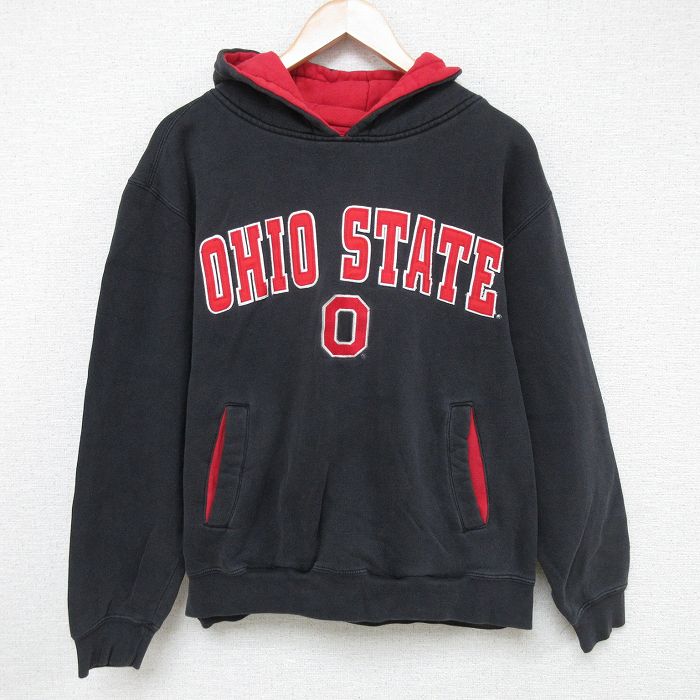 【50%OFF】XL★古着 長袖 スウェット パーカー メンズ オハイオ 刺繍 クルーネック 黒 ブラック 24dec06 中古 スエット トレーナー トップス
