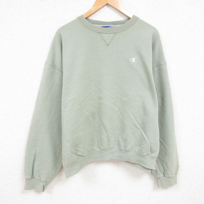 XL★古着 チャンピオン Champion 長袖 スウェット メンズ 00年代 00s ワンポイントロゴ 大きいサイズ クルーネック 薄緑 グリーン 24dec05 中古 スエット トレーナー トップス