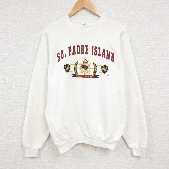 【20%OFF】XL★古着 長袖 スウェット メンズ 90年代 90s サウスパドレアイランド ラグラン クルーネック USA製 白 ホワイト 24dec05 中古 スエット トレーナー トップス