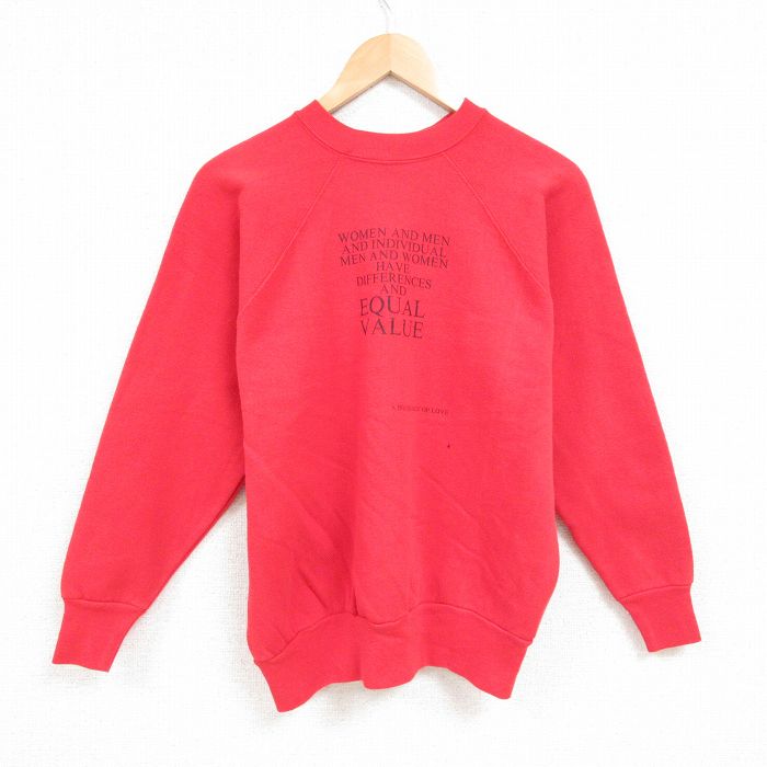 L★古着 長袖 スウェット メンズ 80年代 80s メッセージ ラグラン クルーネック USA製 赤 レッド 24dec05 中古 スエット トレーナー トップス
