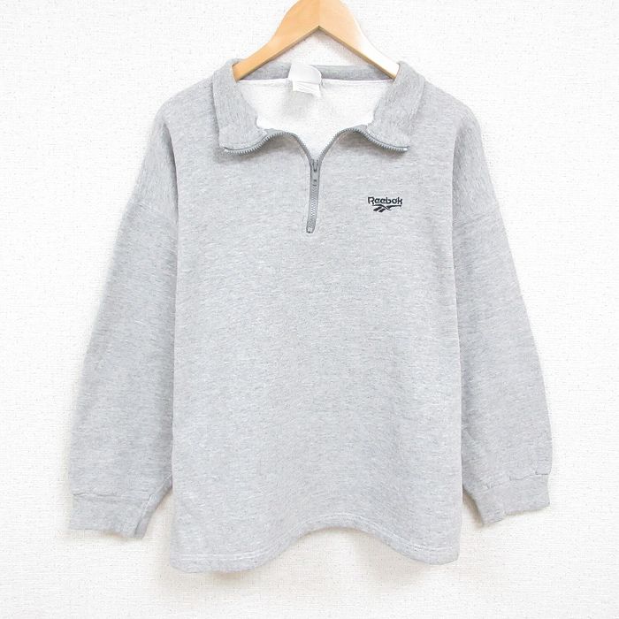XL★古着 リーボック REEBOK 長袖 ハーフジップ スウェット メンズ 90年代 90s ワンポイントロゴ 大きいサイズ USA製 グレー 霜降り 【spe】 24dec05 中古 スエット トレーナー トップス