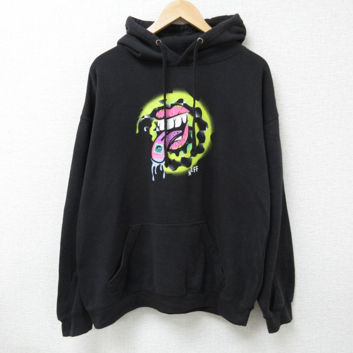 XL★古着 ネフ NEFF 長袖 スウェット パーカー メンズ 口 大きいサイズ 黒 ブラック 24dec13 中古 スエット トレーナー トップス