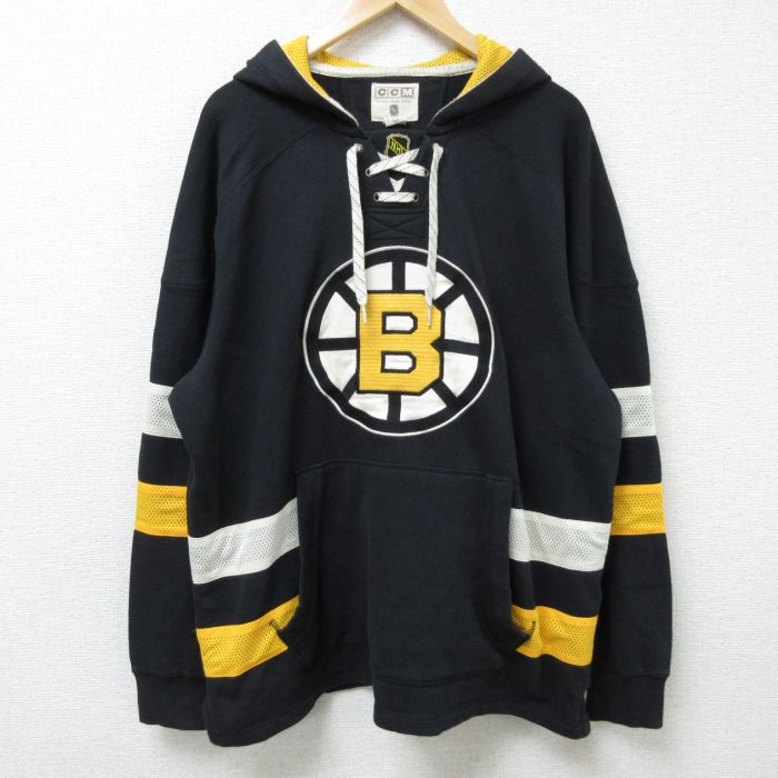 XL★古着 長袖 スウェット パーカー メンズ NHL ボストンブルーインズ マルチカラー 刺繍 大きいサイズ ラグラン 黒他 ブラック アイスホッケー 24dec13 中古 スエット トレーナー トップス