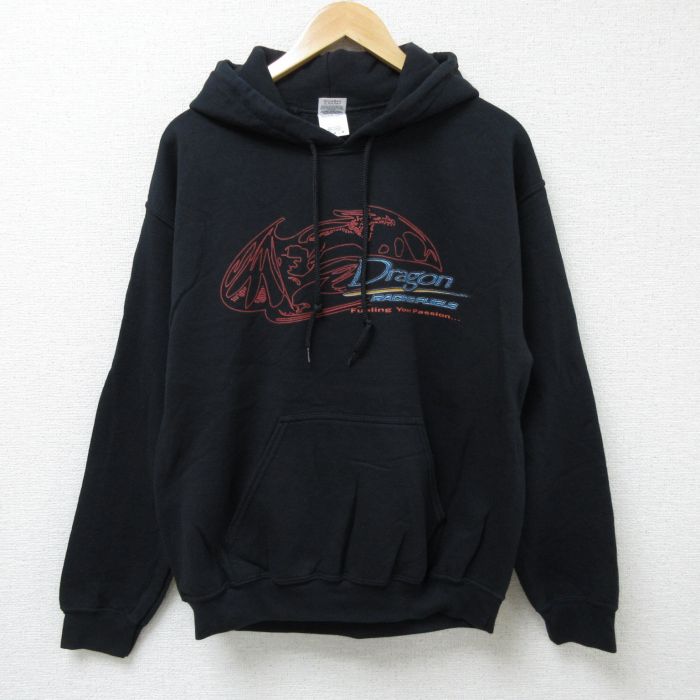 M★古着 長袖 スウェット パーカー メンズ 00年代 00s ドラゴン 黒 ブラック 24dec13 中古 スエット トレーナー トップス