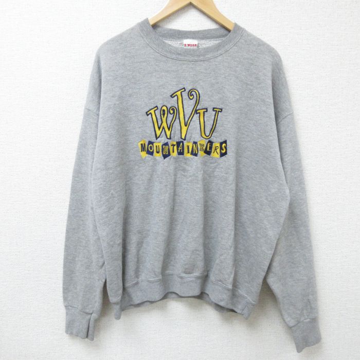 XL★古着 長袖 スウェット メンズ 90年代 90s WVU 刺繍 クルーネック USA製 グレー 霜降り 24dec13 中古 スエット トレーナー トップス