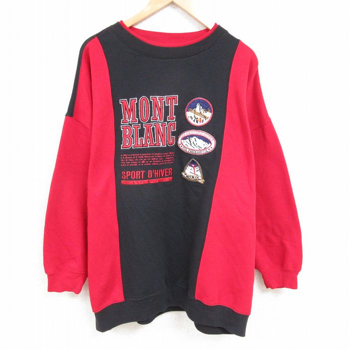 XL★古着 EXPRESS 長袖 スウェット メンズ 90年代 90s モンブラン スキー 刺繍 ツートンカラー 大きいサイズ クルーネック 赤他 レッド 【spe】 24dec07 中古 スエット トレーナー トップス